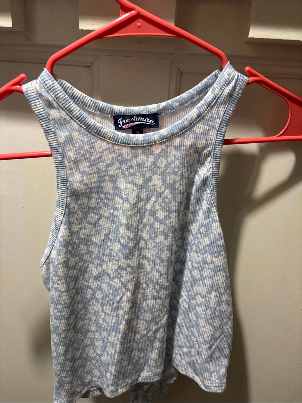 Freshman Light Blue & White Floral Tie-Hem Ribbed Tank